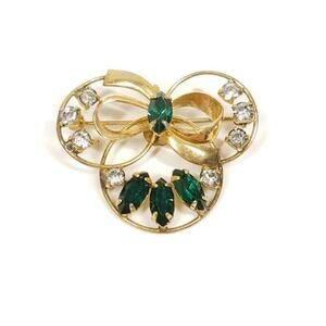 Vintage P&F Bow Brooch Pendant 1/20 12KT Gold Filled Green White Rhinestones